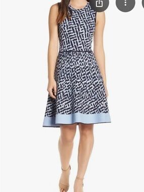 Eliza J Navy and Light Blue Printed Fit-and-Flare Dress